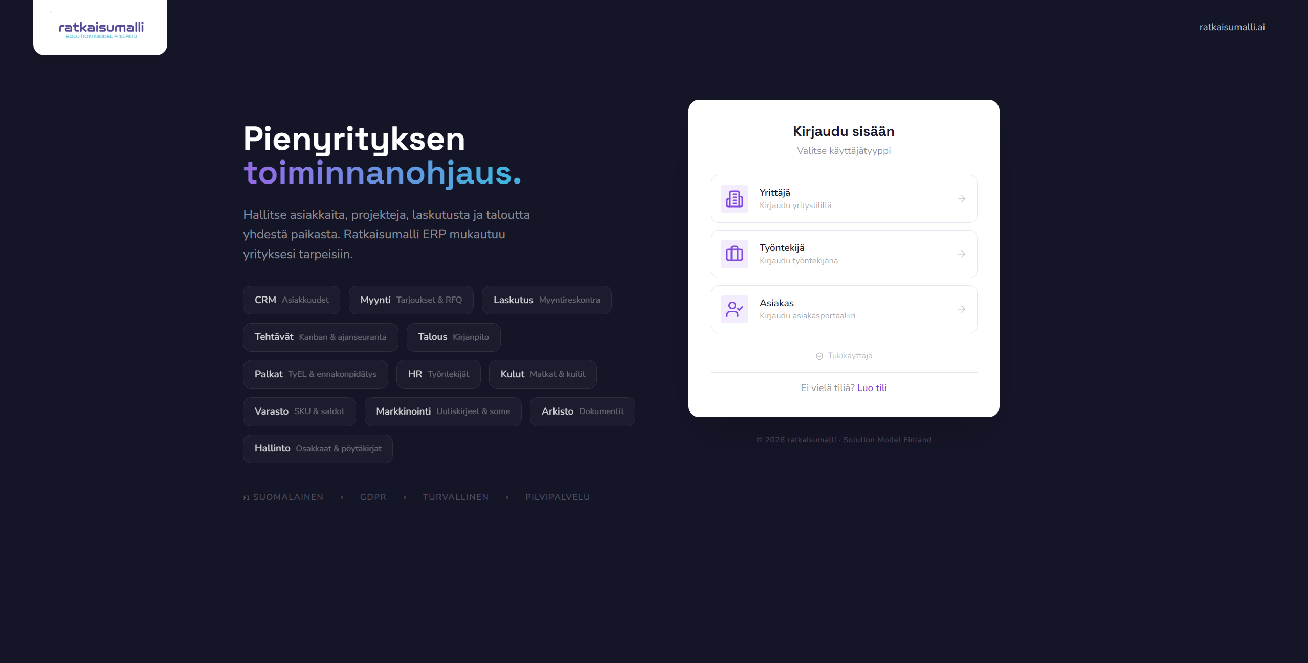 Ratkaisumalli - Toiminnanohjaus etunäkymä
