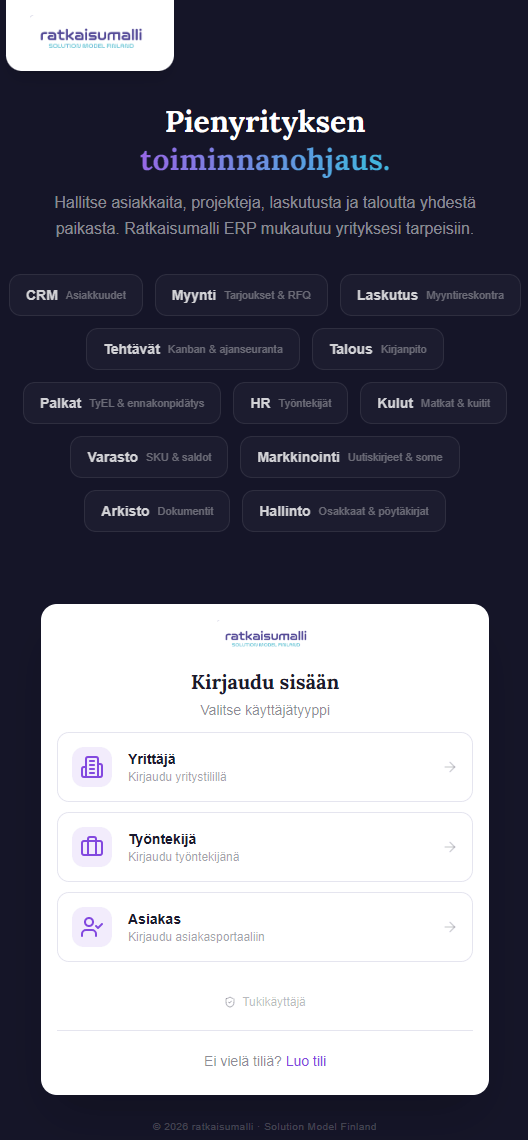 Ratkaisumalli - Toiminnanohjaus etunäkymä
